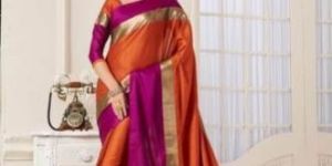 Designer Pure Cotton Saree (Purple And Orange Color)