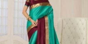 Designer Pure Cotton Saree (Sea Green and Brown Color)