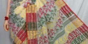 Jamdani Handloom Silk Cotton Blend Sari (Yellow,Green & Red)
