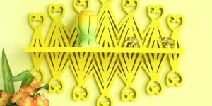 Yellow Wooden Jali Wall Shelf Taper