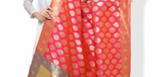 KF Rani Pink and Royal Blue Banarasi Dupatta with Floral Motifs