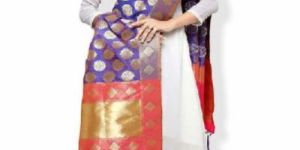 KF Royal Blue Pink Banarasi Dupatta with Floral Motifs