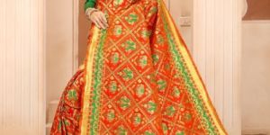 Krutifashion Orange And Green Banarasi Patola Style Saree