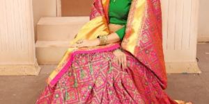 Krutifashion Pink And Green Banarasi Patola Style Saree