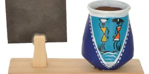 RURALSHADES Terracotta Traditional Warli Blue Pen Stand with Customised Quote Handicraft