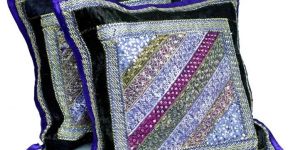 2 Dark Blue Embroidery Indian Sequin Sari Vintage Throw Pillow Krishna Mart Cushion Covers