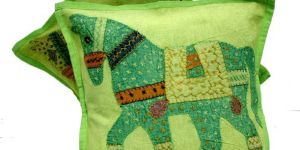 2 Green Handcrafted Applique Patchwork Ethnic Indian Horse Throws Pillow Krishna Mart Cushion Covers