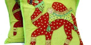 2 Green Handcrafted Embroidered Patchwork Ethnic Indian Camel Throws Pillow Krishna Mart Cushion Covers