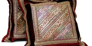 2 Red Embroidery Indian Sequin Sari Vintage Throw Pillow Krishna Mart Cushion Covers