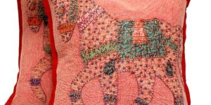 2 Red Handcrafted Applique Patchwork Ethnic Indian Horse Throws Pillow Krishna Mart Cushion Covers