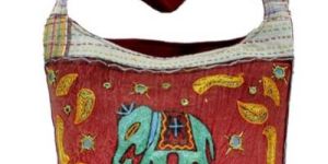Cotton Canvas Red Multi Color Embroidered Elephant Handcrafted Mirror Work Tote Hippie Indian Bag