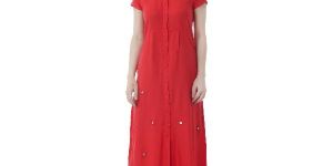 RAYON RED LONG DRESS WITH MIRROR WORK