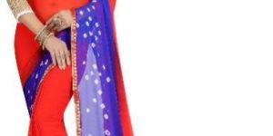 Red Blue Bandhani Chiffon Sarees