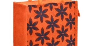 Orange Color Flower Design Jute Burlap Handbag Bag, Jute Handbag