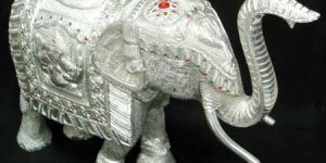 White Metal Elephant Trunk Up
