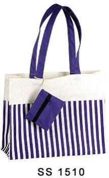 White,purple Loop Handle Striped Printed Cotton Canvas Bag