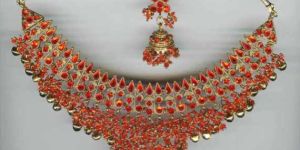 S-17 Antique Gold Plating Finish stone work earrings necklace set