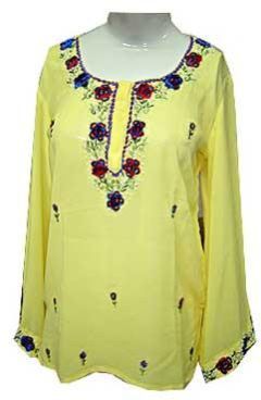 Ladies Yellow Cotton Embroidered Short Kurti