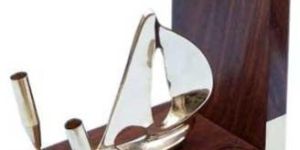 Brass Sailing Boat Pen Holder on Wooden Base