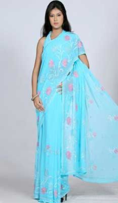 Blue Faux Georgette Saree With Rose Work