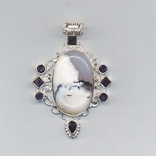 Ladies Fancy Sterling Silver 925 Pendant with Dendrite Opal Cab & Iolite