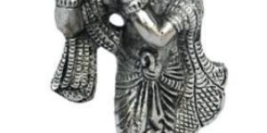 Krishna Playing Flute Statue Standing on Lotus in White Metal