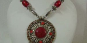 Ladies Handmade Red Beads Oxidised Silver Pendant