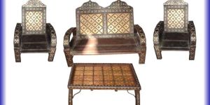 Brown Wooden 4 Seater Wood Sofa Set