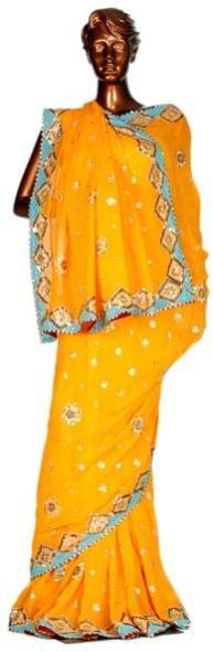 Ladies Yellow Silk Crush Stone Work Saree