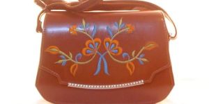 Ladies Printed Brown Leather Handbag