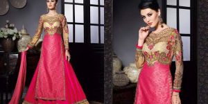 Classical Magenta Banarasi Khadi Lehenga Style Churidar Suit