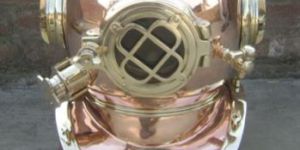 Mark V Copper Diving Helmet With Wooden Base