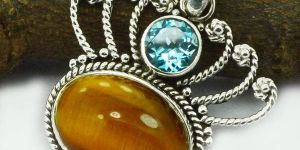 Tiger Eye Blue Topaz Gem Stone 925 Sterling Silver Pendant