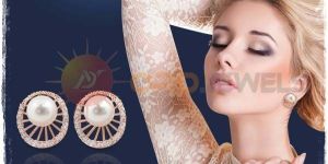 Fancy CZ Studded Rose Plated Pearl Earring