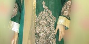 Semi Stitched Green Chanderi Suit