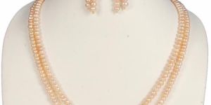 2 Strings Freshwater Pearl Peach Color Necklace Earring Set