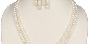 White Color Round Freshwater 2 String Necklace Earring Set