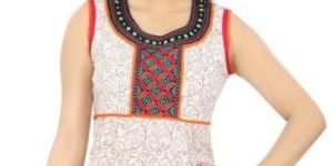 Daze Craze Of-White Cotton Long Anarkali Sleeveless Tunic