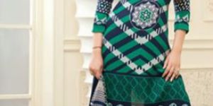 WOOLEN JACQUARD GREEN, OFF WHITE & BLUE SALWAR SUIT