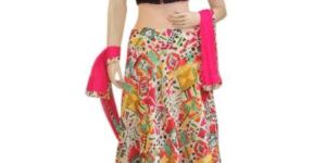 Ethnic Indian Silk Black Top with Silk Printed Lehenga