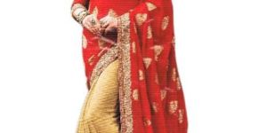 Georgette Gold Pleats with Banarasi Georgette Red Pallu Sari