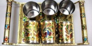 Set of Six Steel Golden Glass with Golden Trey