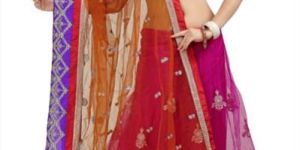Magenta and Mustard Net Lehenga Style Saree with Unstitched Blouse