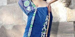 Navy Blue Net Lehenga Style Saree with Unstitched Blouse