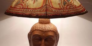 Terracotta Lamp with Hand Painted Leather Shade