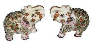 Marble Airavata Erawan White Elephant Trunk Up Decorative Idols (Pair 2 Pieces) - A4489