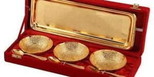 Brass Bowl Set with Tray & Spoon Gold Plated