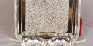 Brass Bowl Set with Tray & Spoon Silver Plated