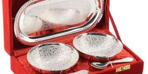 Brass Bowl Set with Tray & Spoon Silver Plated