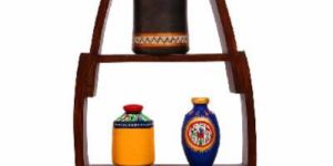 20 Inches Tall Ethnic Wooden Stand with Handcrafted Terracotta Vases